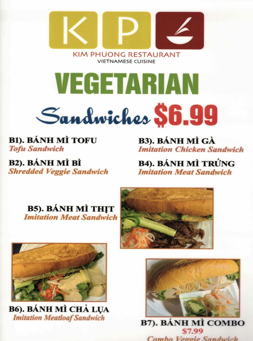 Kim Phuong Vegetarian Sandwiches Front Menu